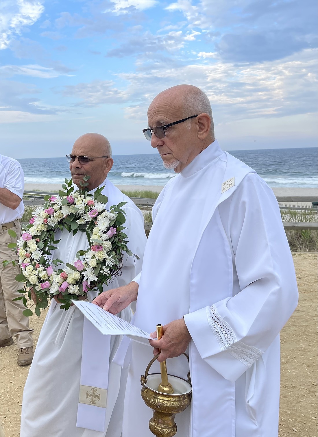 Father Joy Chacko, parochial vicar, and Father Joseph G. Hlubik, pastor, officiate for the 2023 Blessing of the Water for St. Pio of Pietrelcina Parish, Lavallette. Courtesy photo