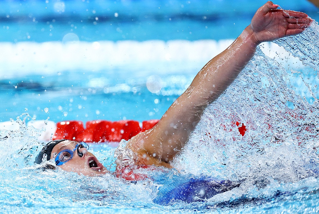 Phoebe Bacon of United States is pictured in the women's 200-meter backstroke Aug. 1, 2024, at Paris La Defense Arena. Bacon, a graduate of Stone Ridge School of the Sacred Heart in Bethesda, Md., advanced  to the semifinals. (OSV News photo/Clodagh Kilcoyne, Reuters)