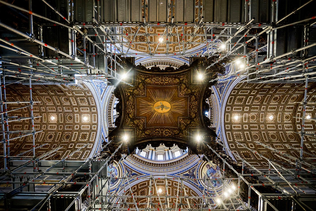 One project close to the Vatican – at the center of the Vatican, in fact – is the Knights of Columbus' funding of the restoration of the soaring baldachin over the tomb of St. Peter and the papal altar in St. Peter's Basilica. The knights are covering most of the costs of the project, which is estimated to be about $750,000.(OSV News photo/Yara Nardi, Reuters)