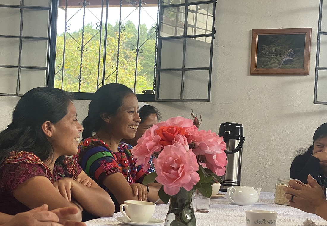 A group of novices and aspirants chat after lunch in the refectory of the motherhouse of the Missionary Sisters of the Eucharist in San Andres Semetabaj, Guatemala, Aug. 22, 2023. The congregation, which works with older adults, has flourished among Indigenous communities in western Guatemala. (OSV News photo/Rhina Guidos, Global Sisters Report)