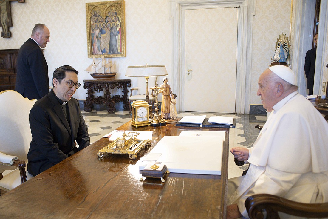 Pope Francis sits down for an interview with Jesuit Father Pedro Chia, director of communications for the Jesuit's Chinese Province, in the Apostolic Palace at the Vatican May 24, 2024. (CNS photo/Vatican Media)