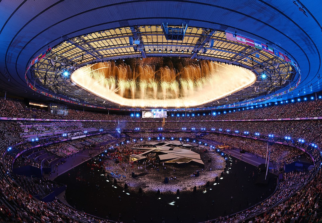 This is an elevated view during the Paris Olympic closing ceremonies Aug. 11, 2024. U.S. Catholic athletes Nick Mead of the men's rowing team and Katie Ledecky of the women's swim team carried the U.S. flag in the ceremonies. (OSV News photo/Andy Chua, Reuters)