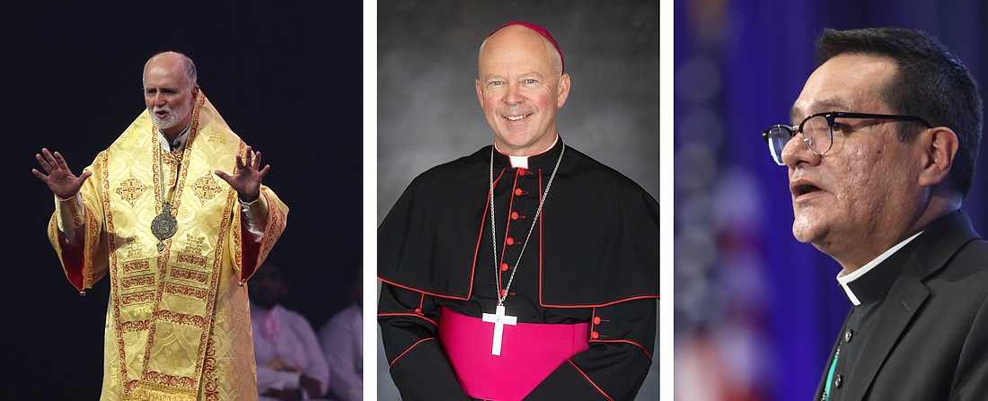 Archbishop Borys A. Gudziak of the Ukrainian Catholic Archeparchy of Philadelphia, Bishop Chad W. Zielinski of New Ulm, Minn., and Auxiliary Bishop Arturo Cepeda of Detroit, are pictured in a combination photo. The three bishops are weighing in on the proposed Truth and Healing Commission on Indian Boarding School Policies Act, affirming the Catholic Church's commitment to addressing the schools' tragic history and urging that church representatives have a place on the commission. (OSV News photo/Bob Roller/Diocese of New Ulm)