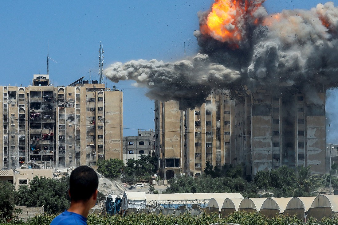 An explosion occurs following an Israeli airstrike on a residential building in Nuseirat in the central Gaza Strip July 20, 2024, amid the Israel-Hamas conflict, (OSV News photo//Omar Naaman, Reuters)