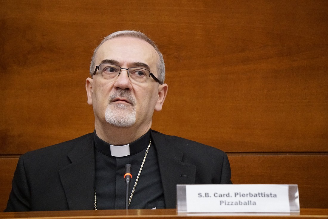 Cardinal Pierbattista Pizzaballa, patriarch of Jerusalem, speaks at a conference at the Pontifical Lateran University in Rome May 2, 2024. (CNS photo/Justin McLellan)