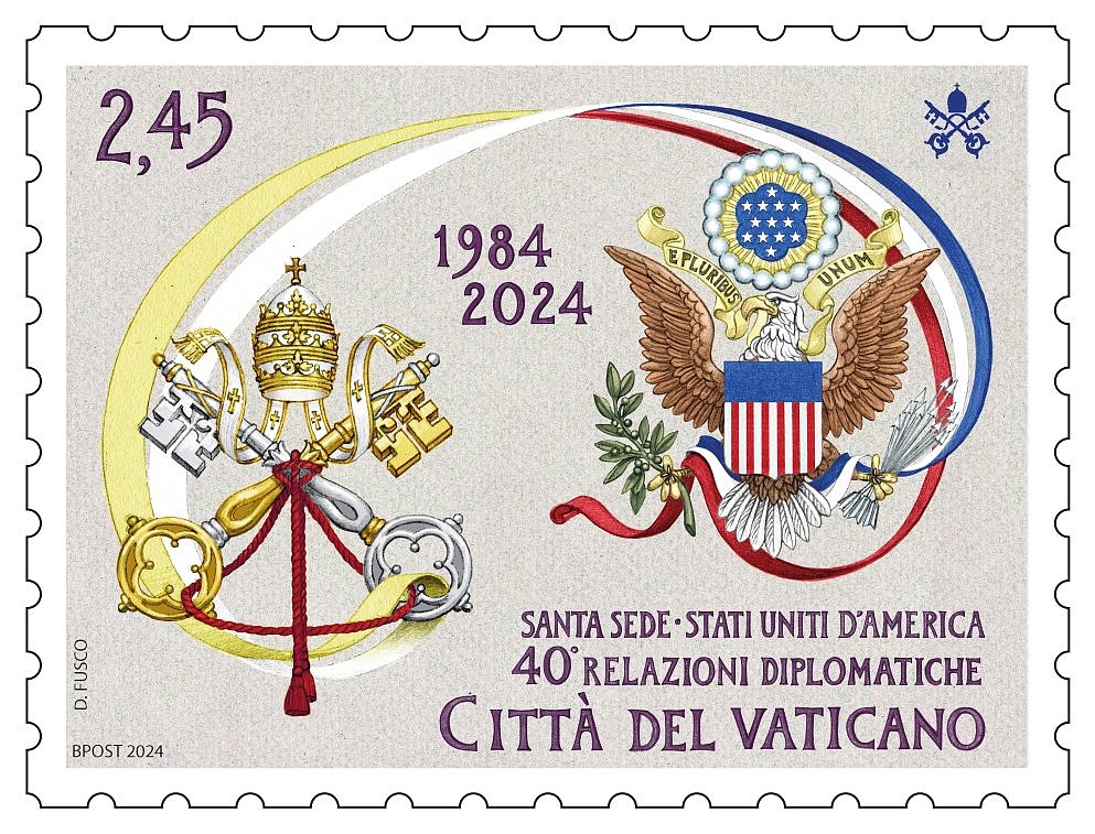 A 2.45-euro ($2.75) Vatican stamp featuring the seals of the Holy See and the United States celebrates the 40th anniversary of the two establishing full diplomatic relations and was scheduled to be released at the Vatican Sept. 16. (CNS photo/courtesy of the Vatican Philatelic and Numismatic Office)