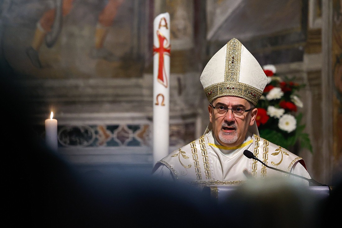 Cardinal Pierbattista Pizzaballa, Latin patriarch of Jerusalem, delivers his homily while celebrating Mass in Rome to formally take possession of his titular church, the Church of St. Onuphrius on the Janiculum, May 1, 2024. (CNS photo/Lola Gomez)