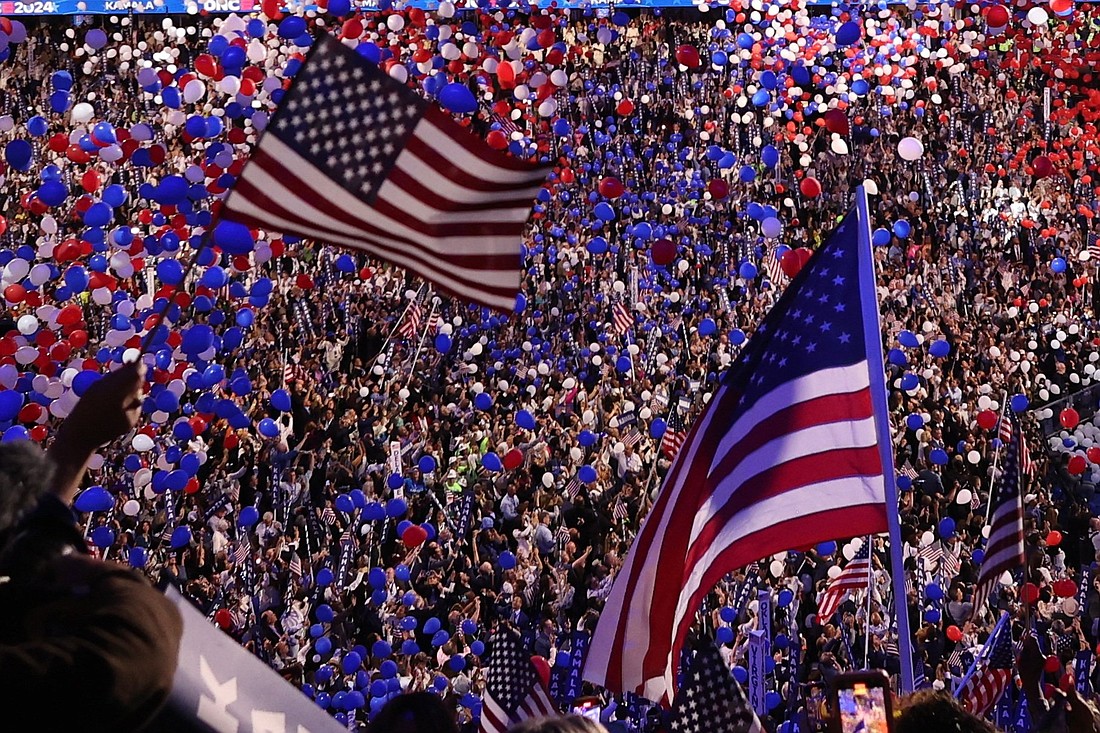 U.S flags and balloons are seen after Vice President Kamala Harris, the Democratic presidential candidate, gave her speech during the Democratic National Convention in Chicago Aug. 22, 2024. The 2024 Democratic Party platform approved at the DNC in August omitted previous platforms' calls to end the federal death penalty. (OSV News photo/Brendan Mcdermid, Reuters)