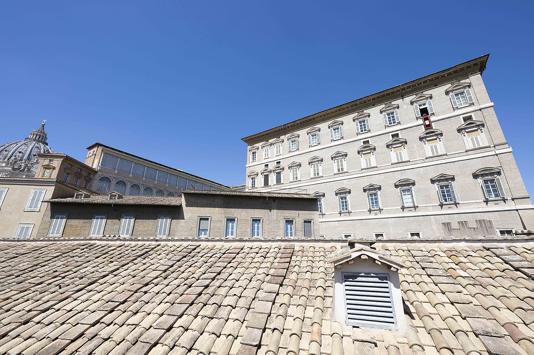 Pope Francis leads the recitation of the Angelus prayer from the window of his studio in the Apostolic Palace at the Vatican Aug. 25, 2024. (CNS photo/Vatican Media)