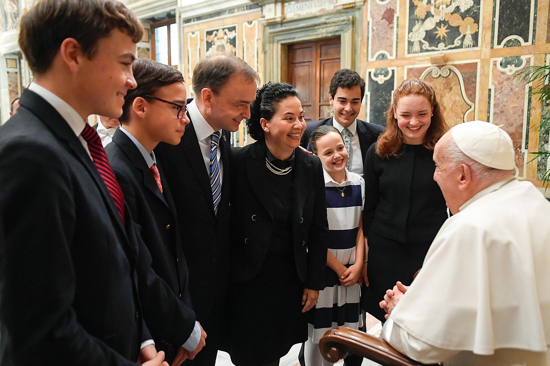 Pope Francis meets participants in the annual meeting of the International Catholic Legislators Network at the Vatican Aug. 24, 2024. (CNS photo/Vatican Media)