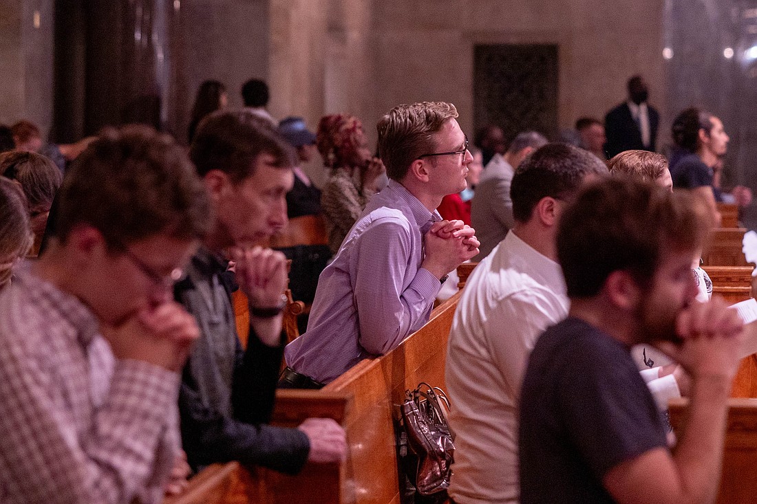 People pray at a Mass of thanksgivin Aug. 22, 2024, at the Crypt Church of the Basilica of the National Shrine of the Immaculate Conception that commemorated the centennial of the first priestly ordinations at the national shrine in 1924. (OSV News photo/Mihoko Owada, Catholic Standard)