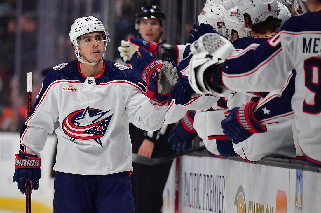 Columbus Blue Jackets left wing Johnny Gaudreau (13) celebrates his goal scored against the against the Anaheim Ducks during the first period at Honda Center in Anaheim, Calif., Feb 21, 2024. Gaudreau and his brother, Matthew, were killed the evening of Aug. 30, 2024, when they were struck by Sean M. Higgins of Woodstown, N.J., a suspected drunk driver, while bicycling in Oldmans Township, close to their hometown in Salem County, New Jersey State Police said. (OSV News photo/Gary A. Vasquez-USA TODAY Sports via Reuters)