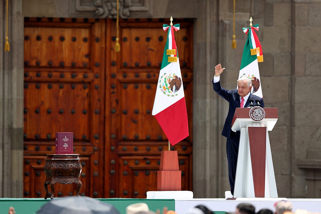 Mexican President Andrés Manuel López Obrador gestures as he delivers his final State of the Union address at Zocalo Square in downtown Mexico City Sept. 1, 2024. (OSV News photo/Raquel Cunha, Reuters)