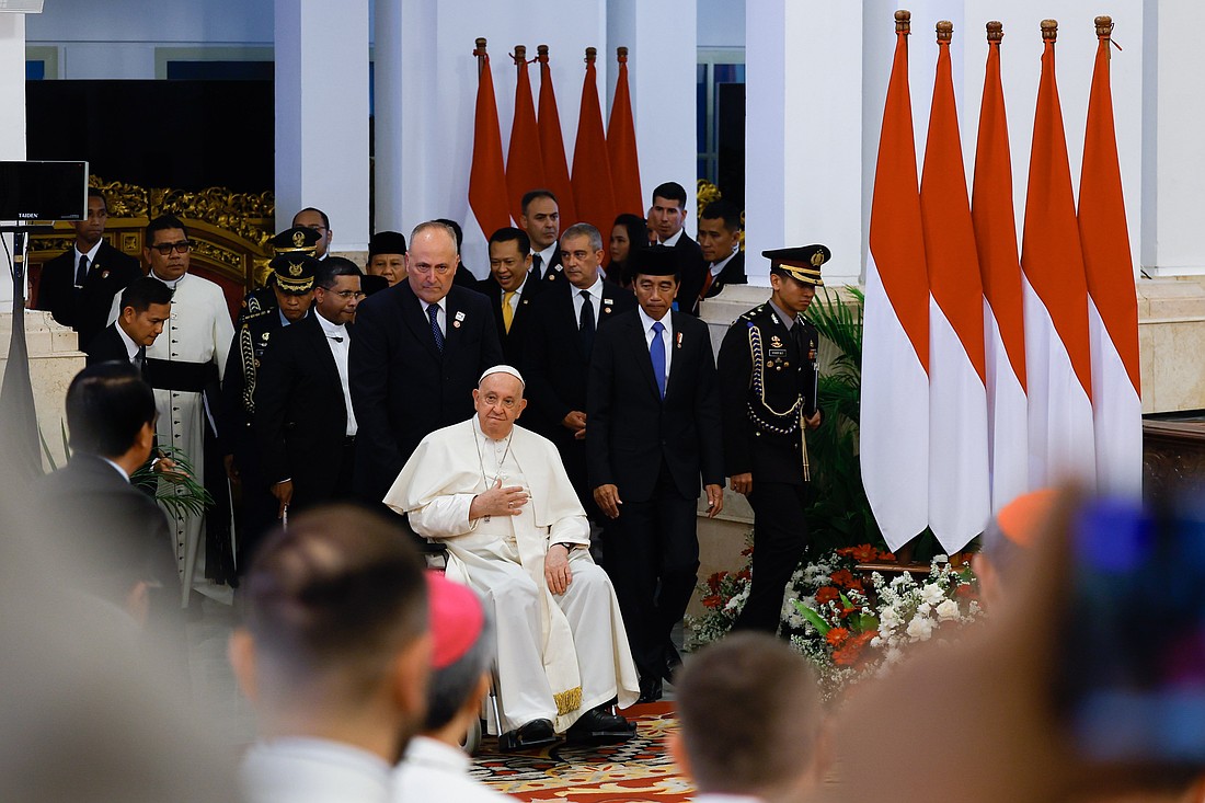 Pope Francis arrives for a meeting with government and political leaders, diplomats and representatives of civil society at Istana Negara, a national palace, in Jakarta, Indonesia, Sept. 4, 2024. (CNS photo/Lola Gomez)