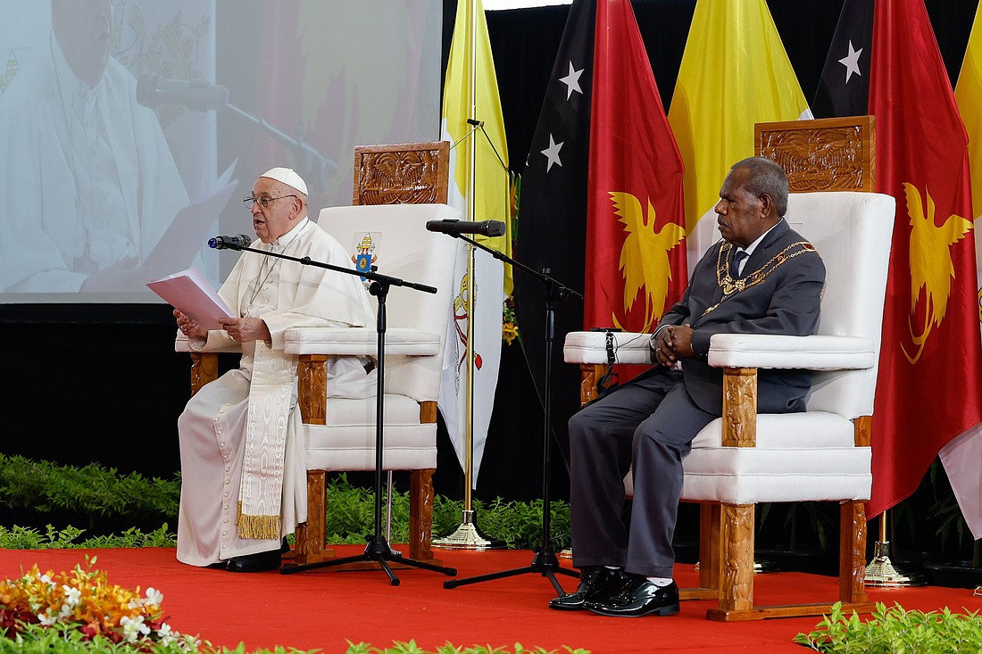 Pope Francis speaks to political and religious leaders, members of the diplomatic corps and other guests at APEC Haus in Port Moresby, Papua New Guinea, Sept. 7, 2024. (CNS photo/Lola Gomez)