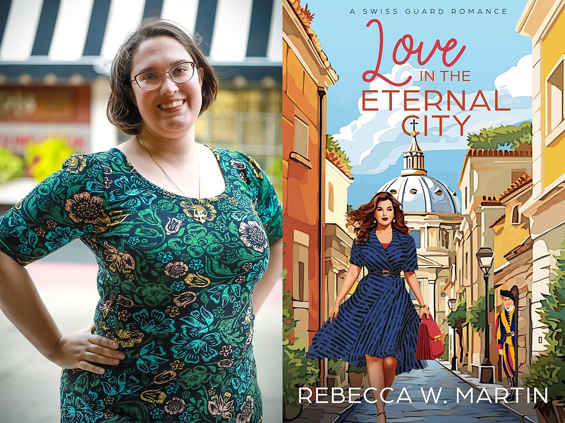 Author Rebecca W. Martin of Plymouth, Mich., and the cover of her first novel, "Love in the Eternal City," are shown in this combo photo. Martin's first novel and third book was published Aug. 15, 2024, by Chrism Press and is the first of a Swiss Guard romance trilogy. Martin says the novel is her own personal "love letter" to Rome, and an ode to the beauty of a Catholic courting relationship. (OSV News photo/courtesy of Rebecca R. Martin)