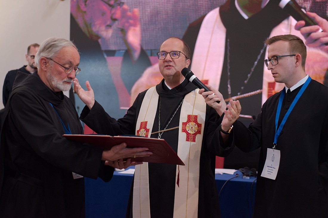 Abbot Jeremias Schröder of St. Ottilien Archabbey in Eresing, Germany, leads a prayer after being elected abbot primate of the Benedictine Confederation at Sant'Anselmo Abbey in Rome Sept. 14, 2024. (CNS photo/Courtesy Sant'Anselmo)..