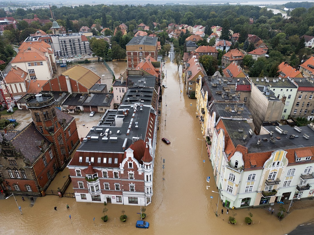 A general view taken by drone shows a flooded area by Nysa Klodzka River in Nysa, Poland Sept. 16, 2024. (OSV News photo/Kacper Pempel, Reuters)