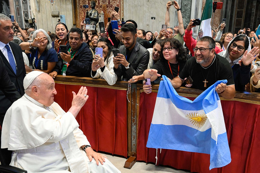 Pope Francis members of a pilgrimage promoted by the Congregation of Clerics Regular, commonly known as the Theatines, in St. Peter’s Basilica at the Vatican Sept. 14, 2024. (CNS photo/Vatican Media)