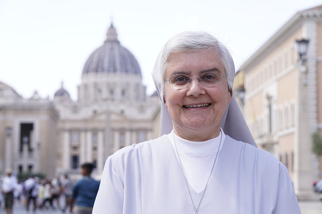 Sister Idília Carneiro, superior general of the Sisters Hospitallers, poses for a portrait outside St. Peter's Square at the Vatican Sept. 5, 2024. (CNS photo/Justin McLellan)