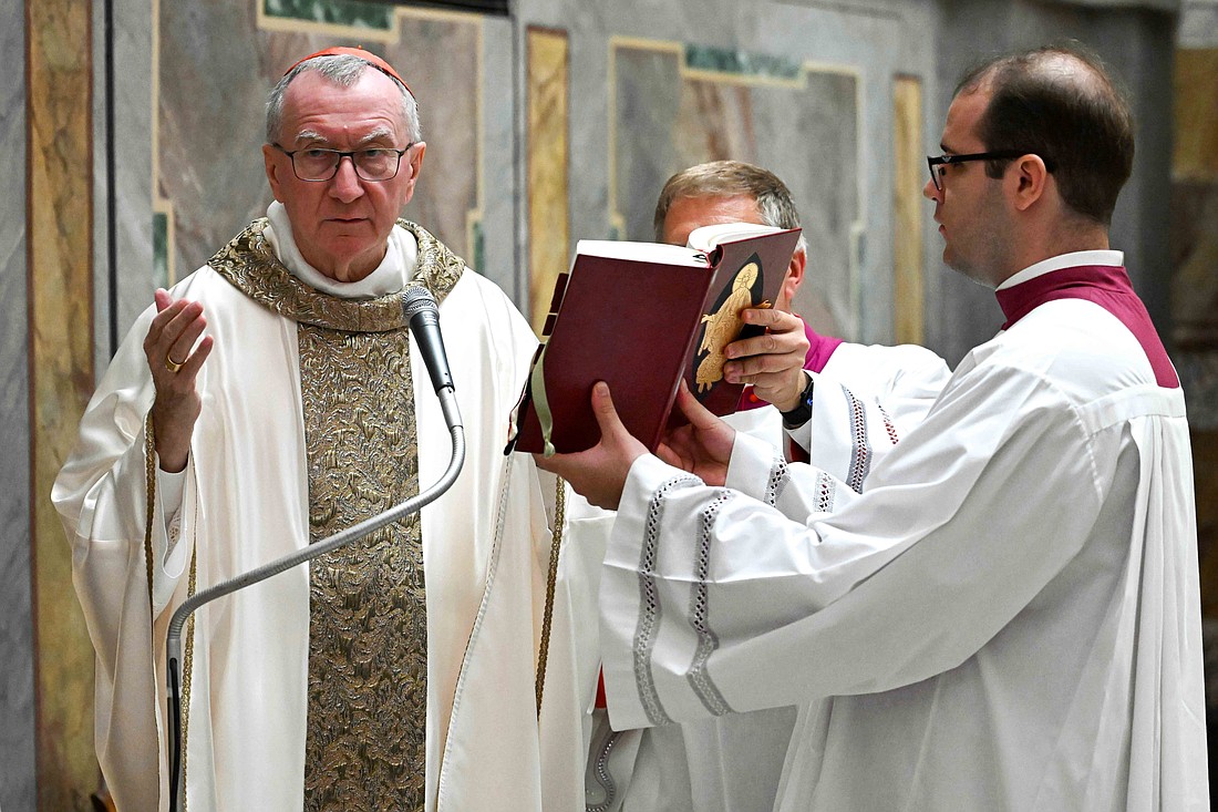 Cardinal Pietro Parolin, Vatican secretary of state, celebrates Mass with family members of victims of the 2020 Beirut port explosion in the Pauline Chapel of the Apostolic Palace at the Vatican Aug. 26, 2024. (CNS photo/Vatican Media)