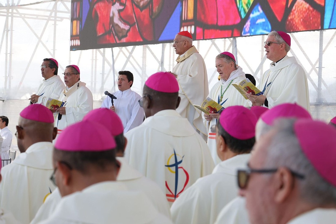 Cardinal Baltazar Porras Cardozo, retired archbishop of Caracas, Venezuela, and pontifical legate for the International Eucharistic Congress in Quito, Ecuador, is seen at the congress's final Mass Sept. 15, 2024. Archbishop Anthony Fisher of Sydney is seen to his right. Sydney will host the next IEC in 2028. (OSV News/courtesy International Eucharistic Congress)