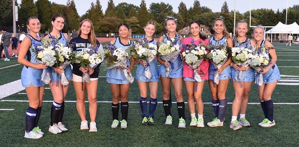 The Notre Dame field hockey seniors, shown here displaying their flowers on the Irish's Sep. 16 Senior Day, have meshed well with the team's young players to help ND surge to a 4-0 start this season. Courtesy photo