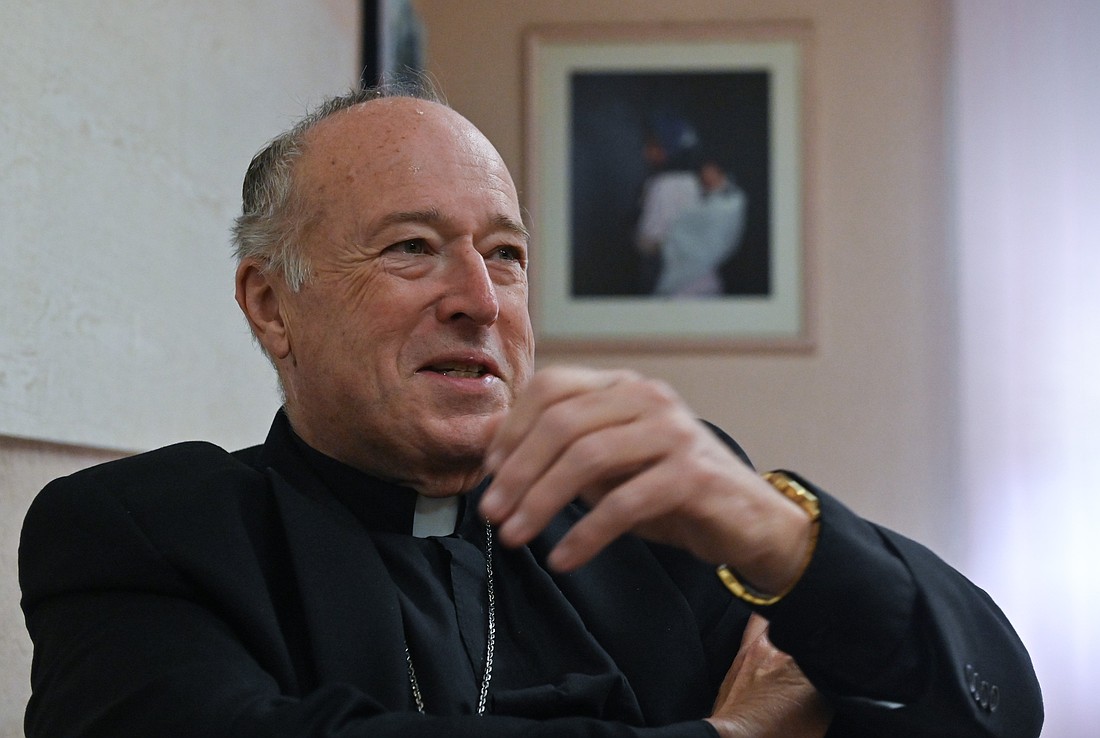 Cardinal Robert W. McElroy of San Diego, Calif, speaks to Catholic News Service before taking possession of his titular church, St. Frumentius, in Rome April 23, 2023. Every cardinal is assigned a titular church in Rome, making him a member of the Rome clergy. (CNS photo/Chris Warde-Jones)..