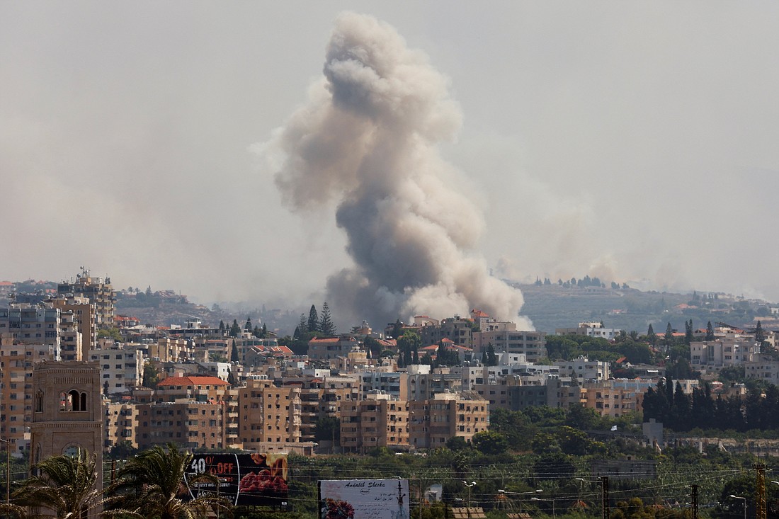 Smoke billows over southern Lebanon following Israeli airstrikes, amid ongoing cross-border hostilities between Hezbollah and Israeli forces, as seen from Tyre, southern Lebanon Sept. 23, 2024. (OSV News photo/Aziz Taher, Reuters)