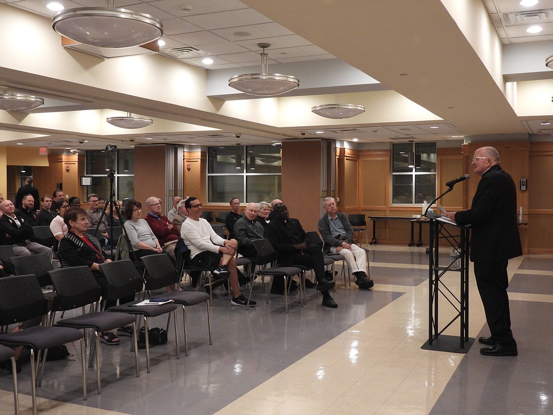 Bishop David M. O'Connell, C.M., speaks on the Apostle Paul Sept 24 for the St. Paul Parish speaker series launch. EmmaLee Italia photo