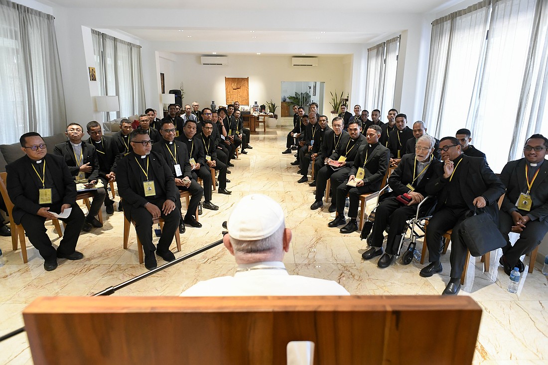 Pope Francis speaks to a group of Jesuits at the apostolic nunciature in Dili, Timor-Leste, Sept. 10, 2024. (CNS photo/Vatican Media)