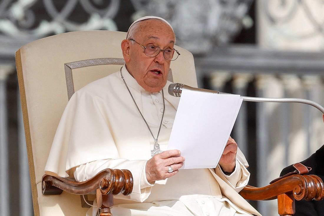 Pope Francis speaks during his general audience in St. Peter's Square at the Vatican Sept. 25, 2024. (CNS photo/Lola Gomez)