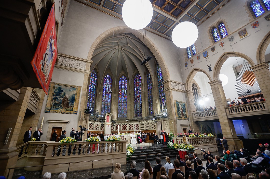 Pope Francis meets with bishops, priests, deacons, religious, seminarians and pastoral workers at Luxembourg's Cathedral of Notre-Dame Sept. 26, 2024. (CNS photo/Lola Gomez).