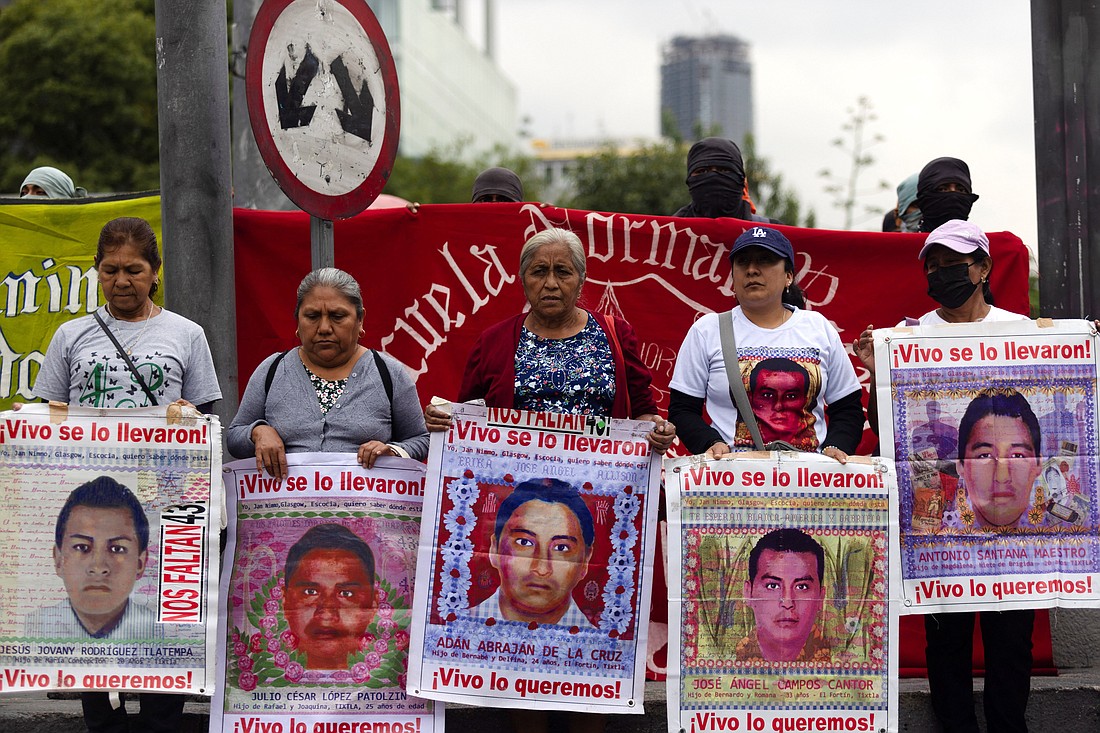 Demonstrators and students from the Ayotzinapa Rural Normal School, a rural teachers college for young men in the southern Mexican state of Guerrero, protest in Mexico City Sept. 25, 2024, ahead of the 10th anniversary of a Sept. 26, 2014, evening attack when 43 students from the school disappeared south of the city of Iguala. (OSV News photo/Quetzalli Nicte-Ha, Reuters)