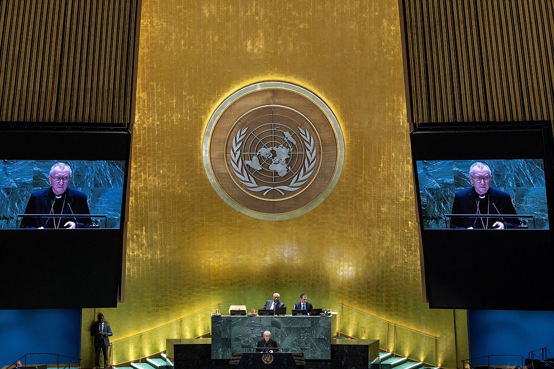 Secretary of State of the Holy See Cardinal Pietro Parolin addresses the 79th United Nations General Assembly at U.N. headquarters in New York Sept. 28, 2024. (OSV News photo/Eduardo Munoz, via Reuters)