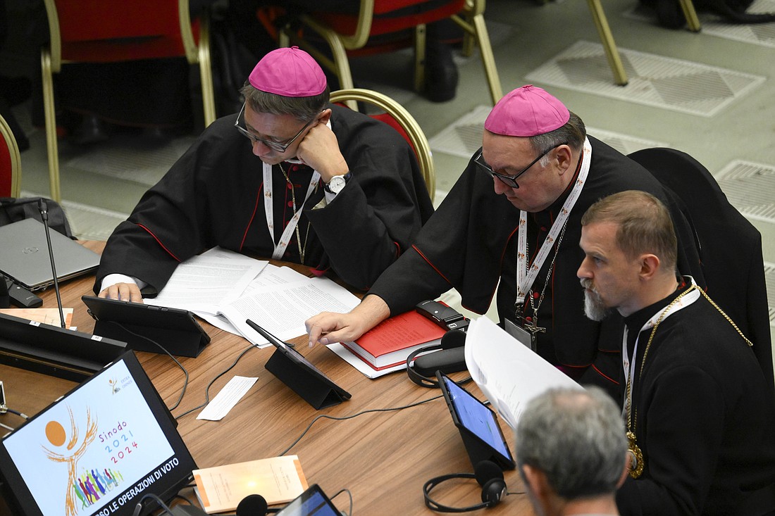 Members of the assembly of the Synod of Bishops use tablets to vote on the gathering's synthesis document Oct. 28, 2023, in the Paul VI Hall at the Vatican. (CNS photo/Vatican Media)