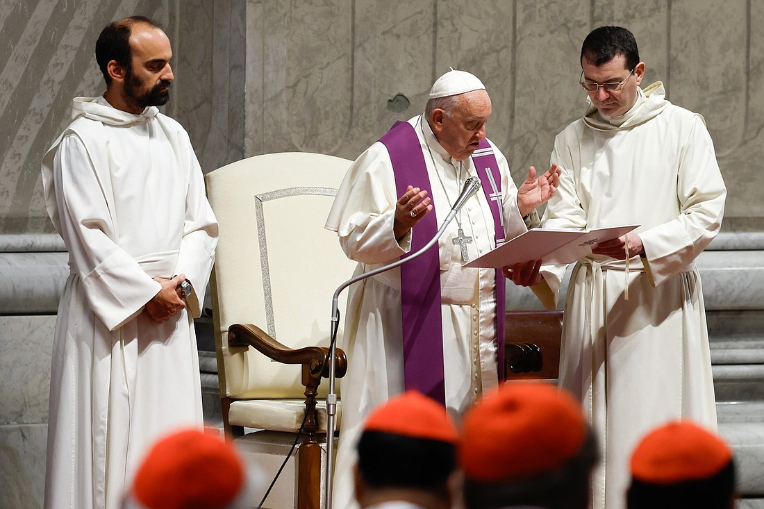 Pope Francis presides over a penitential liturgy Oct. 1, 2024, in St. Peter's Basilica at the Vatican on the eve of the opening of the second session of the Synod of Bishops on synodality. (CNS photo/Lola Gomez)