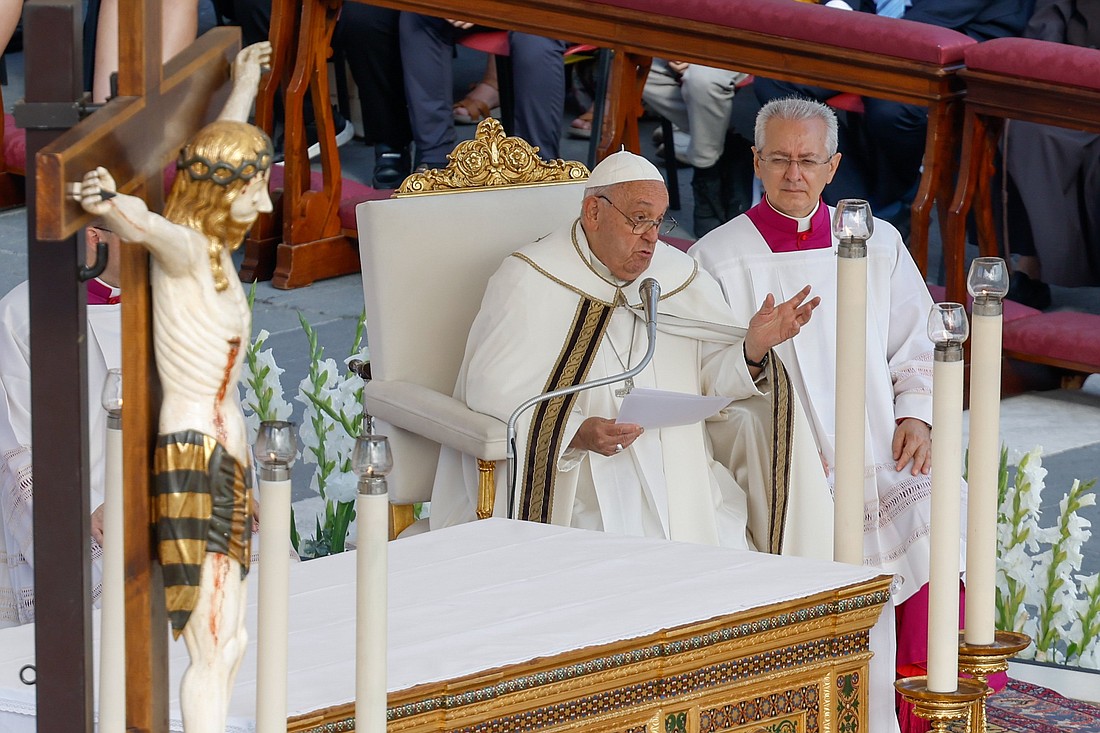 Pope Francis delivers his homily during Mass in St. Peter's Square for the opening of the Synod of Bishops on synodality at the Vatican Oct. 2, 2024. (CNS photo/Lola Gomez)