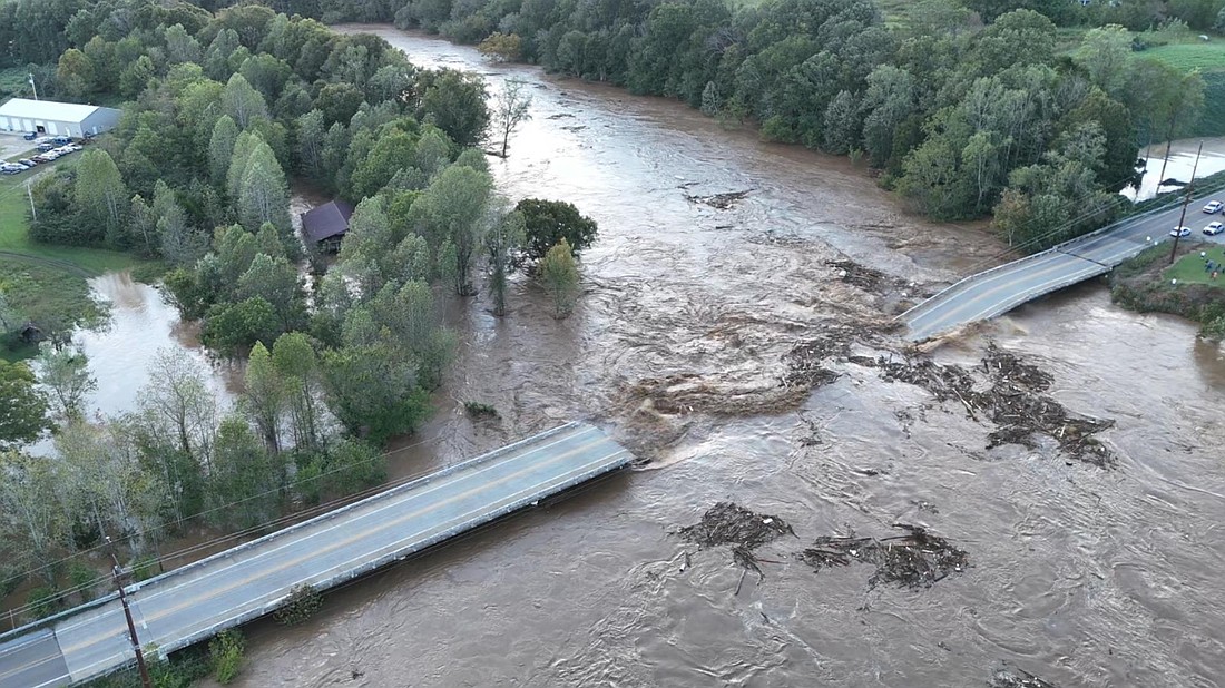 A section of the Kinser Bridge in Greene County, Tenn., that was washed away when the river swept over its banks because of Helene, is pictured Oct. 4, 2024. The bridge crosses the Nolichucky River,  (OSV News photo/courtesy The East Tennessee Catholic)