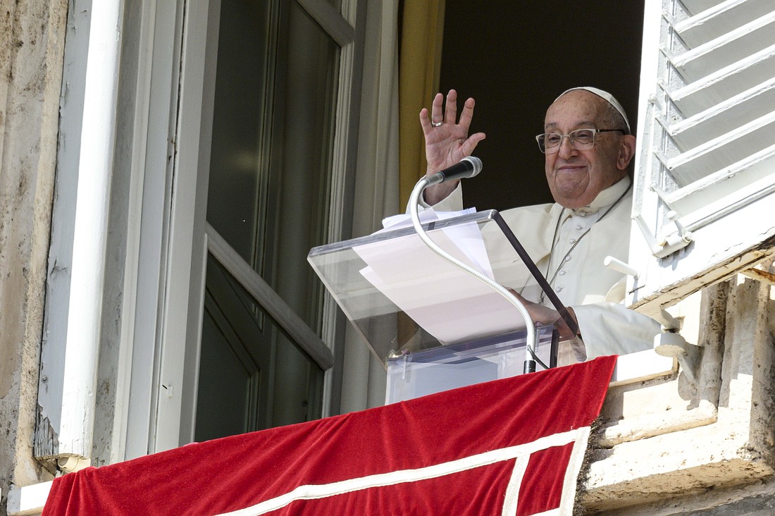 Pope Francis waves to visitors gathered in St. Peter's Square at the Vatican Oct. 6, 2024, for the midday recitation of the Angelus. At the end of the Angelus, the pope announced he would create 21 new cardinals Dec. 8. (CNS photo/Vatican Media)