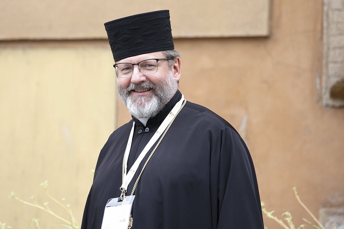 Major Archbishop Sviatoslav Shevchuk of Kyiv-Halych, Ukraine, head of the Ukrainian Catholic Church, exits the Paul VI Audience Hall at the Vatican after the morning session of the Synod of Bishops on synodality Oct. 7, 2024. (CNS photo/Robert Duncan)