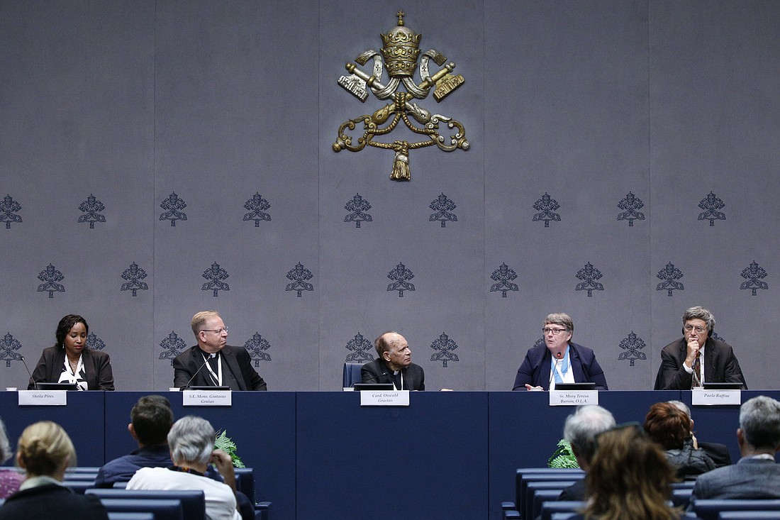 Sister Mary Teresa Barron, a member of the Congregation of the Sisters of Our Lady of Apostles, speaks during a news conference on the Synod of Bishops on synodality at the Vatican Oct. 7, 2024. (CNS photo/Justin McLellan)..