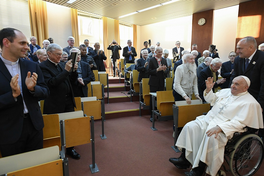Pope Francis meets with Jesuits from Belgium, Luxembourg and the Netherlands at Saint Michel College in Brussels Sept. 28, 2024. (CNS photo/Vatican Media)