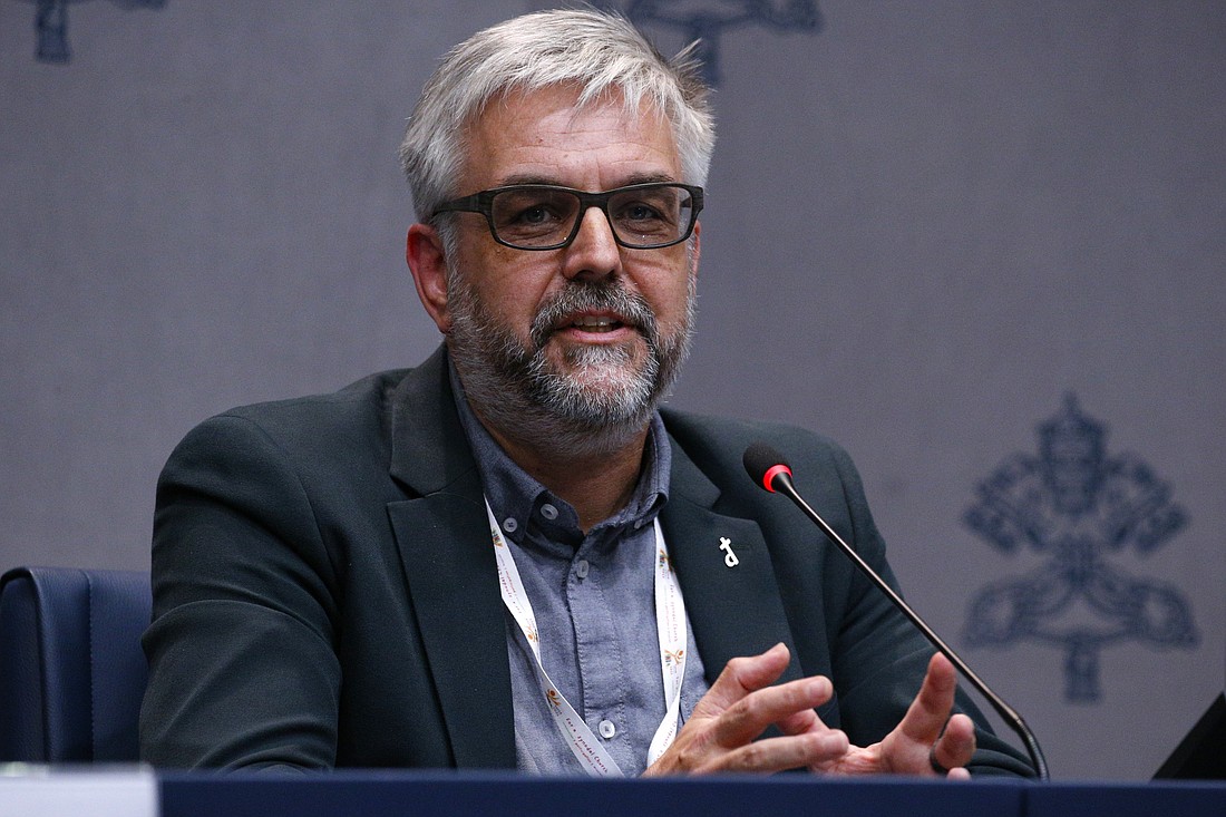 Belgian Deacon Geert De Cubber, a member of the Synod of Bishops on synodality, speaks during a news conference at the Vatican Oct. 9, 2024. (CNS photo/Justin McLellan)
