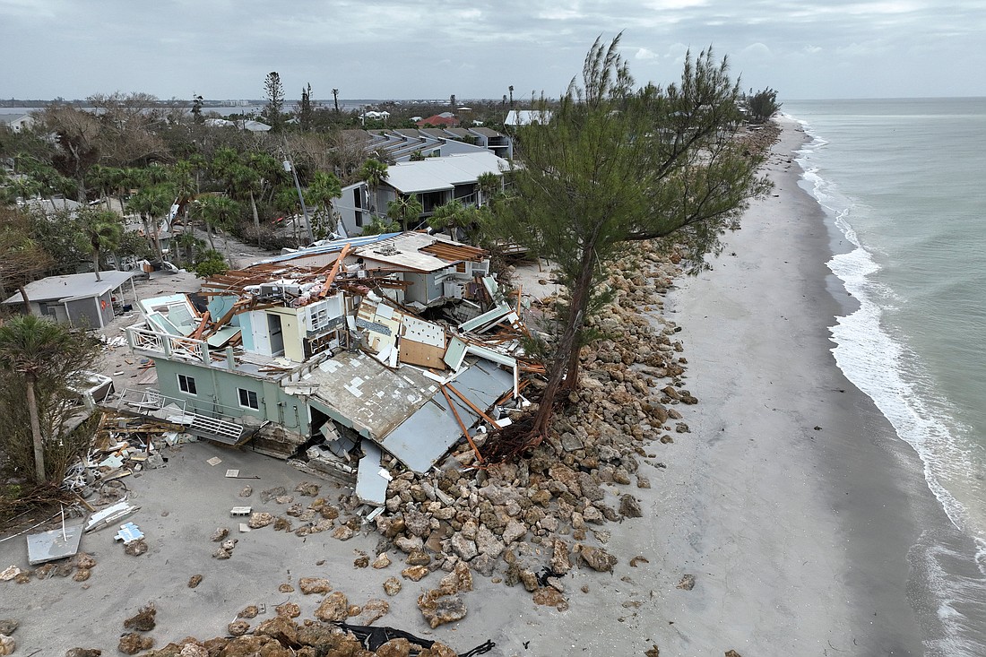 A drone view shows a destroyed beach house in Manasota Key, Fla., Oct. 11, 2024, after Hurricane Milton made landfall Oct. 9. As homeowners assessed damage to their property, about 2.2 million customers in Florida remained without power the morning of Oct. 11, according to poweroutage.us. (OSV News photo/Ricardo Arduengo, Reuters)