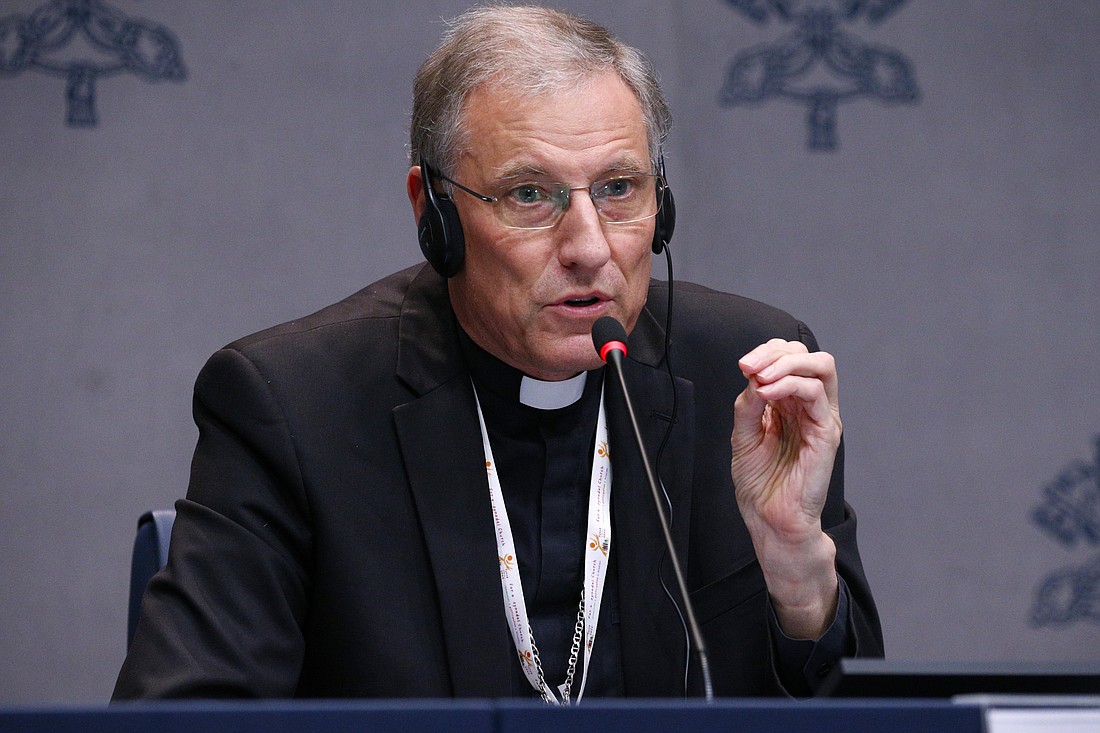 Latvian Archbishop Zbignevs Stankevics of Riga speaks at a news conference at the Vatican Oct. 14, 2024. (CNS photo/Justin McLellan)