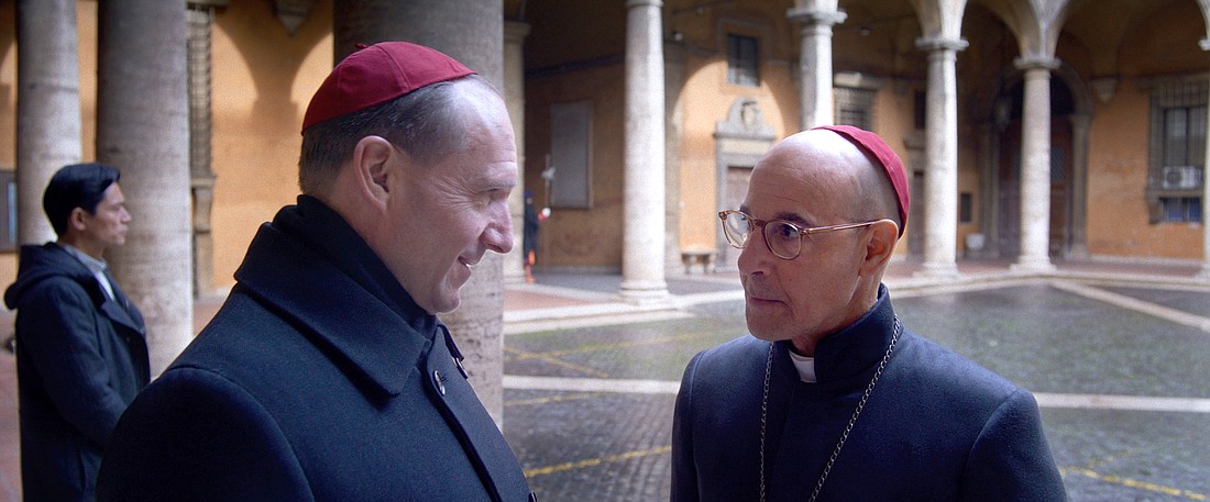 Ralph Fiennes as Cardinal Lawrence and Stanley Tucci star in a scene from the movie "Conclave." The OSV News classification is L -- limited adult audience, films whose problematic content many adults would find troubling. The Motion Picture Association of America rating is PG -- parental guidance suggested. Some material may not be suitable for children. (OSV News photo/Focus Features)