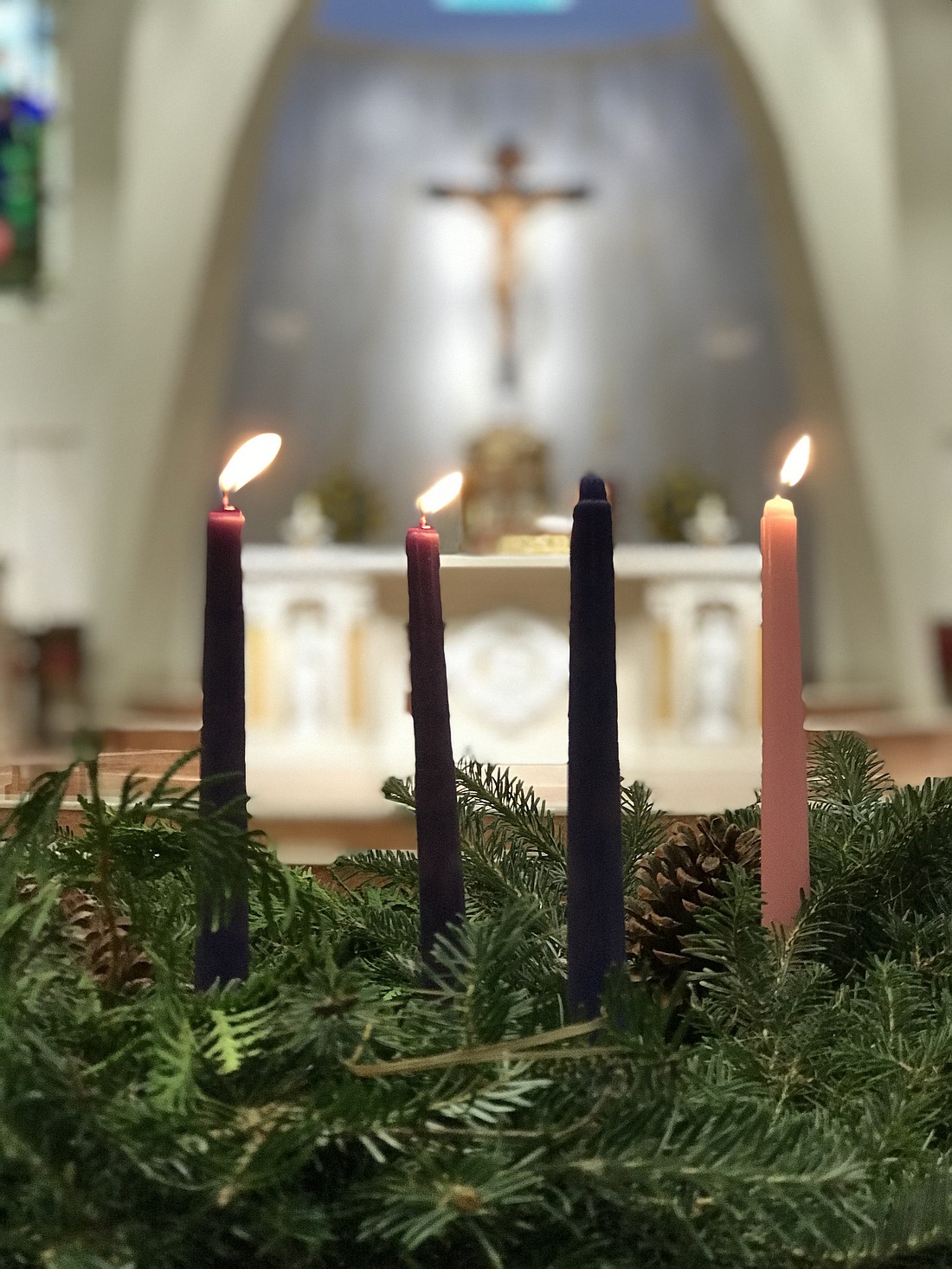 An illustration shows three of the candles lit on the Advent wreath at St. Agnes Church in Arlington, Va., Nov. 21, 2023. (OSV News file photo/Ann M. Augherton, Arlington Catholic Herald)