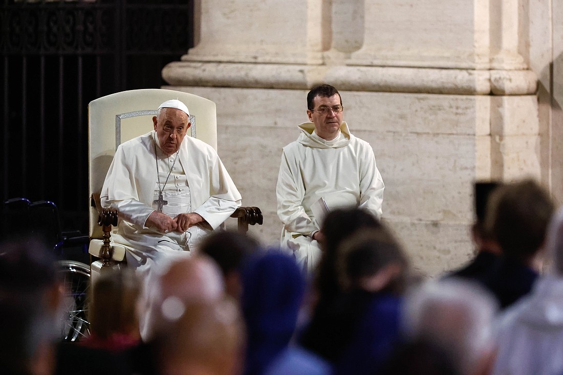 Pope Francis leads an ecumenical prayer service with participants in the Synod of Bishops Oct. 11, 2024, in the Square of the Roman Protomartyrs at the Vatican, just south of St. Peter's Basilica. The square is the site where St. Peter and other Christians were martyred in the first century under the Emperor Nero. (CNS photo/Lola Gomez)