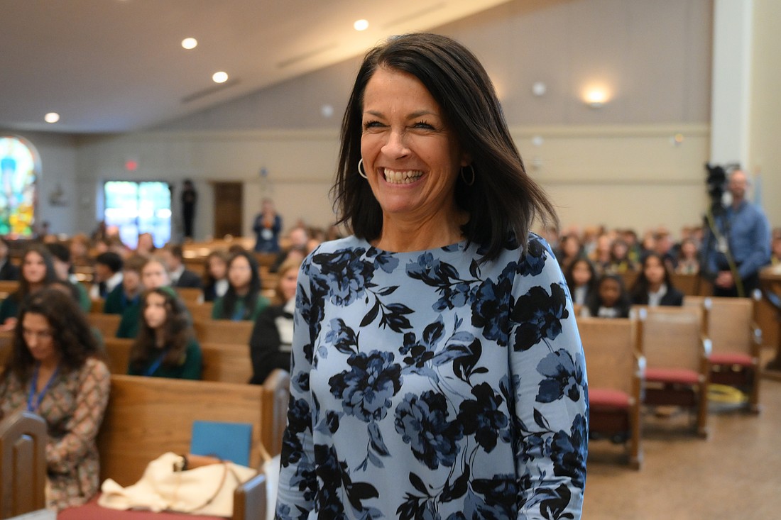 Linda Groh smiles when it was announced she had been named a co-winner of New Jersey’s 2024 Nonublic Teacher of the Year during the 2024 Catholic Schools Mass held Oct. 10 in St. Robert Bellarmine Co-Cathedral, Freehold. Mike Ehrmann photo